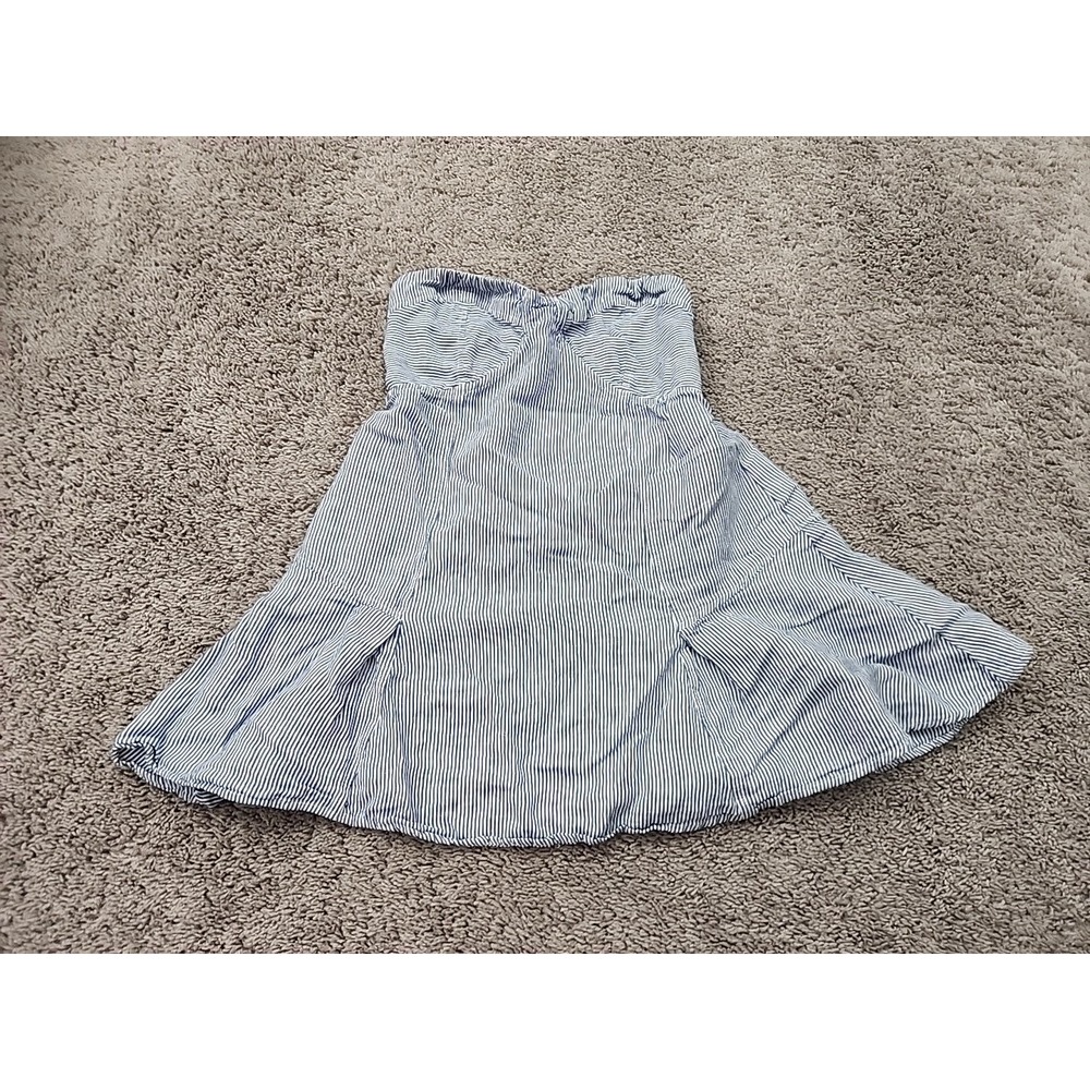 HAUSEN Strapless Mini Dress Women Size L Blue White Stripe Seersucker Cut Out